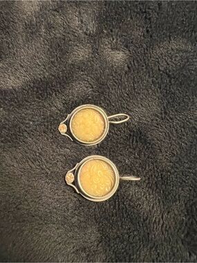 Carved Cream Resin Drop Earrings in Silver-Tone Setting
